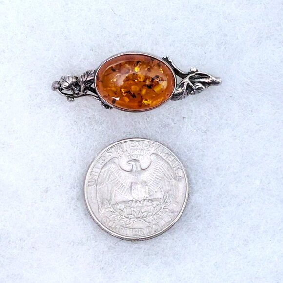 Vintage Sterling Silver 925 Baltic Honey Amber Rose Leaf Leaves Pin Brooch - Picture 2 of 7